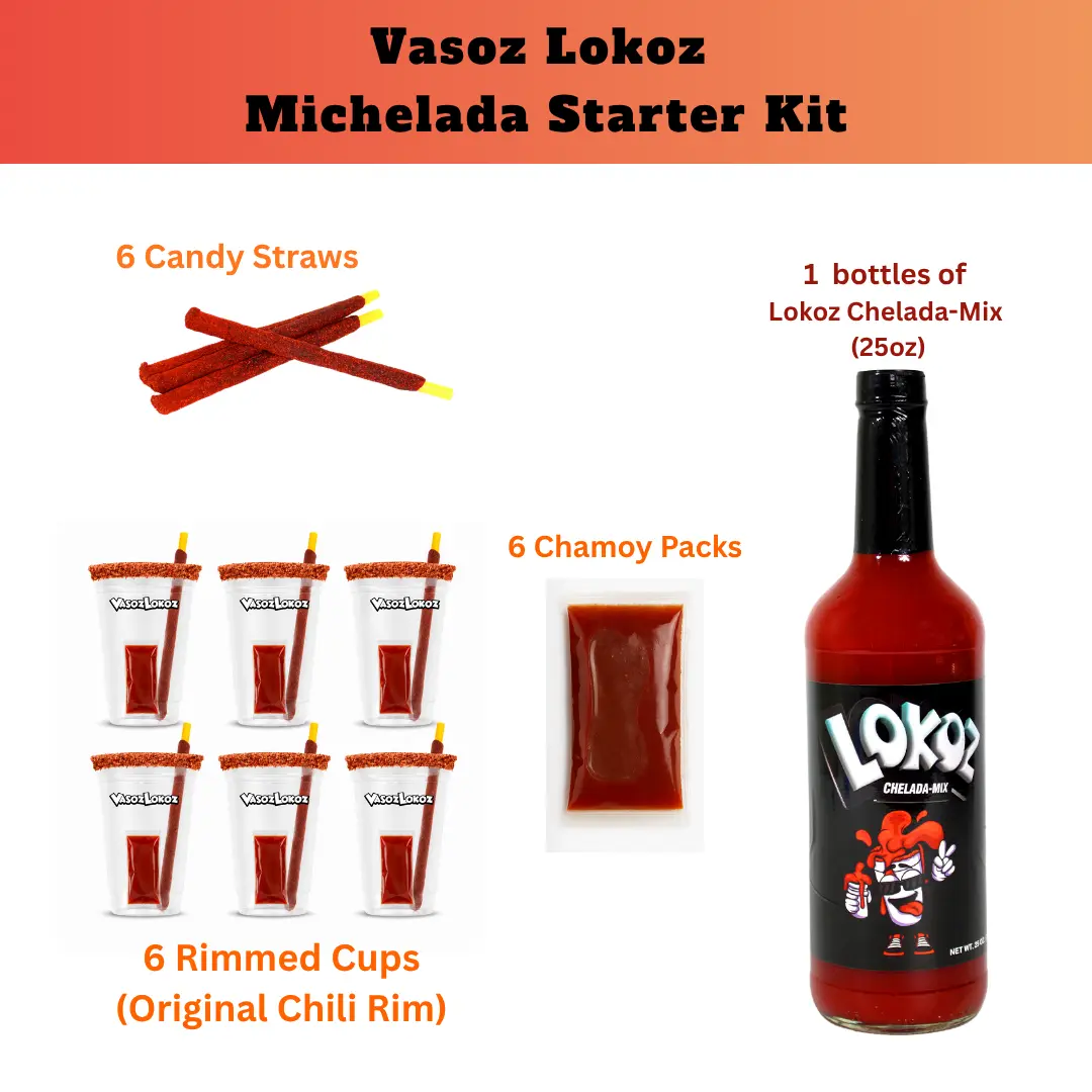 VasozLokoz Michelada Mix Kit | 1-25oz Chelada-Mix bottle | 6 Rimmed michelada cups (24 oz) | 6 Candy straws | 6 Chamoy Packs