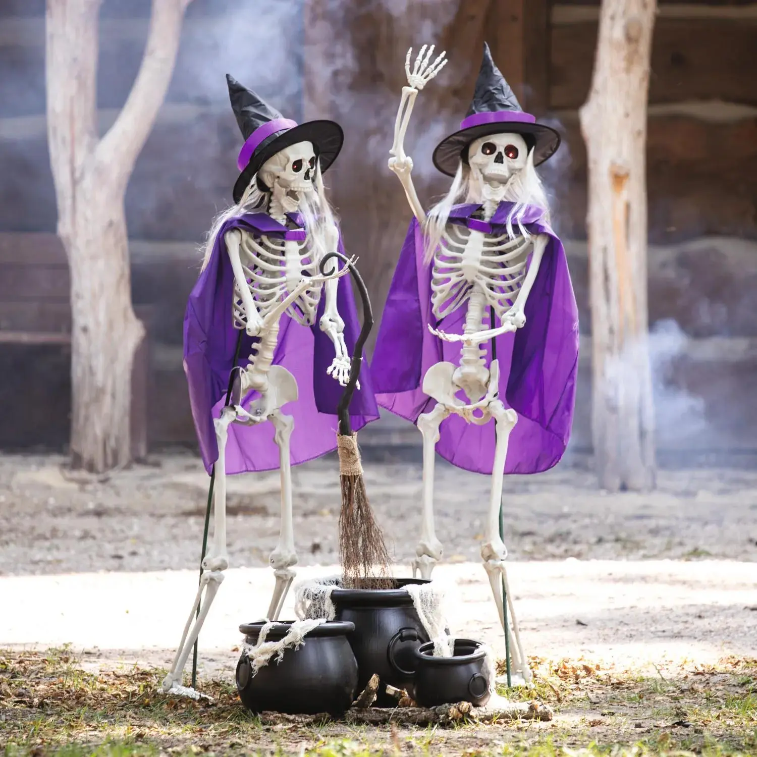 6-Pc Plastic Spooky Skeleton Witch & Cauldron Halloween Holiday Decorating Kit - Photo Props for Home Festive Displays