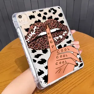 Leopard Print Cool Lips Pattern Clear iPad Case, Soft TPU Shockproof Cover with Built-in Pencil Holder, Slim Portable Single-Side Protection for Men & Women, Compatible with iPad Air 4/5/6, Pro 11" 2024, Mini 4/5/6/7 & iPad 10/9/8/7 serie.