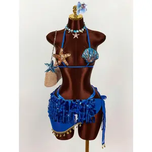 3pcs Women's Starfish & Shell Detail Bikini Set With Beaded Skirt, For Vacation, Music Festival, Spring/Summer Summer Clothes Women