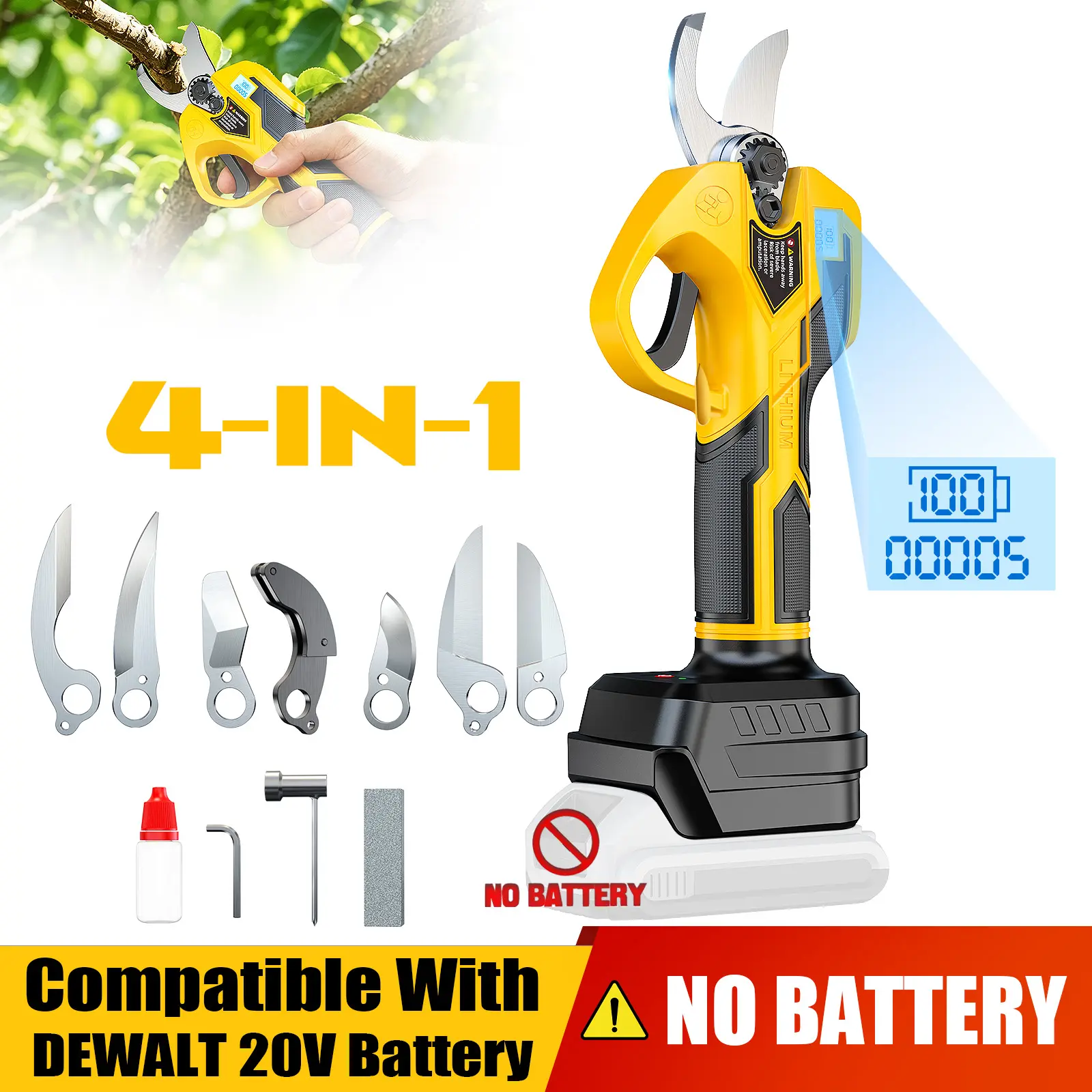 Brushless Electric Pruning Shears Compatible with DeWalt 20V Battery【Battery NOT Included】, Cordless Tree Trimmer with 30mm Max Cutting Opening, 2-Speed Adjustable, LCD Display Battery Level & Mode, SK5 Steel Blade for Garden Orchard