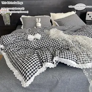 3pcs Soft Lace Trim Bed Linen Set in and Checkered Pattern, Includes Duvet Cover and Pillowcases for Cozy Bedroom Decor, Soft Bedding Set