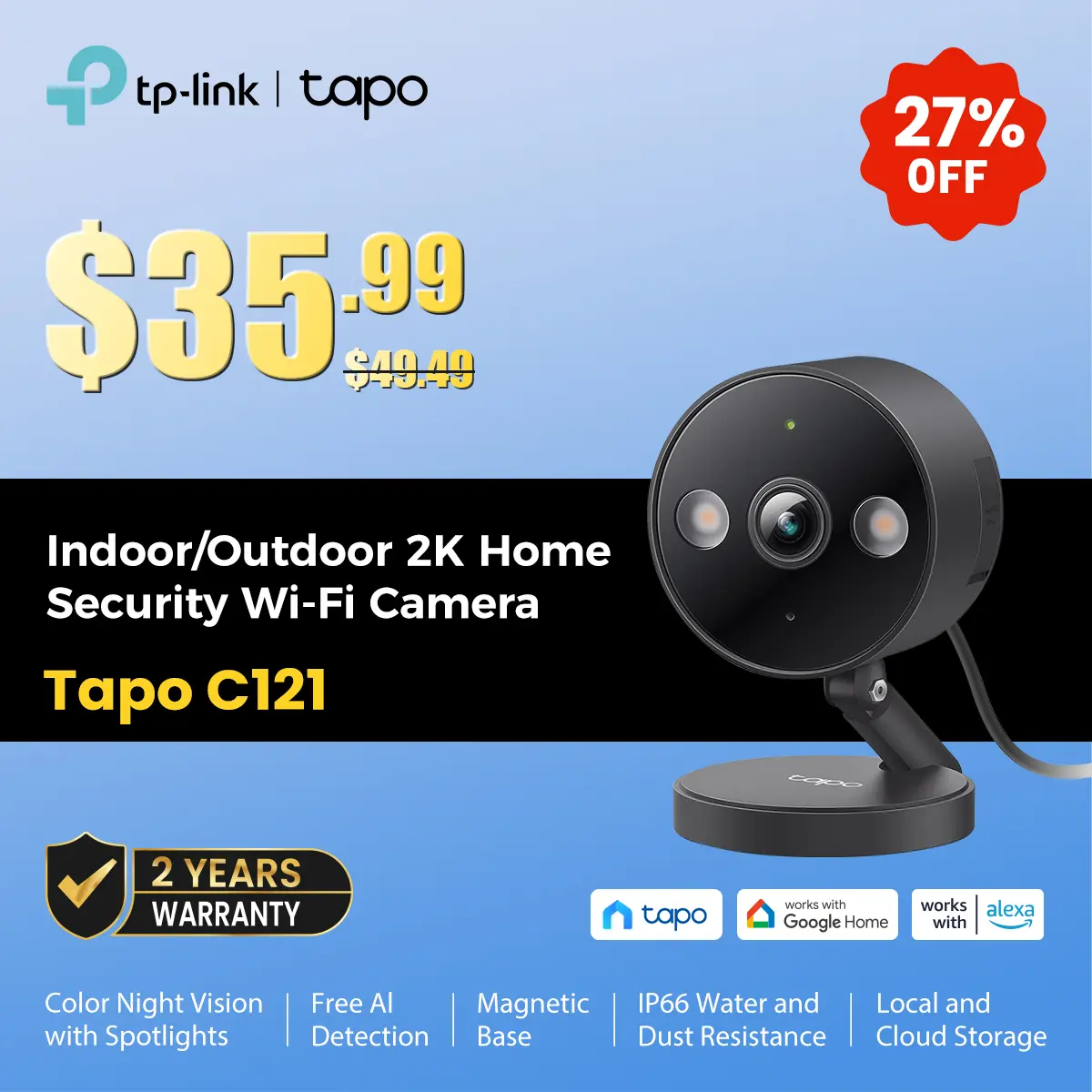 TP-Link & Tapo C121 2K QHD Indoor/Outdoor Wi-Fi Home Security Camera |  Color Night Vision | Free AI Detection | IP66 | Magnetic Mount | Dual Spotlights  #SummerWins #DealsForYouDays