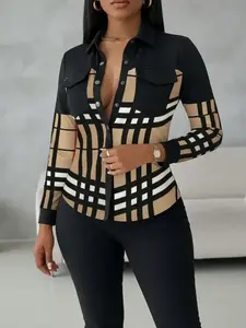 Plus Size Women's Plaid Patchwork Long Sleeve Shirt, Casual Fashion Top, Comfortable and Stylish, Perfect for Daily Wear