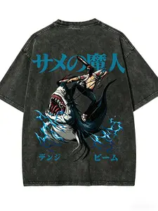 Men's Short-Sleeve Chainsaw Man Denji Shark Fiend Vintage Washed Oversized T-Shirt, Japanese Kanji Anime Graphic, Grunge Aesthetic Harajuku Streetwear, Unisex Otaku Fan Casual Tee Top graphic tees