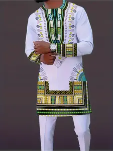 Men's long-sleeved casual suit with geometric prints in African ethnic style on a white background, featuring a retro ethnic style