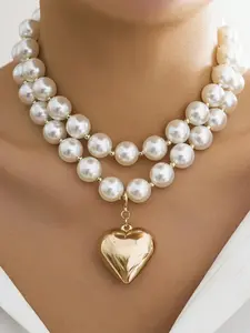 Faux Pearl Decorated Heart Shaped Pendant Necklace & Chain Necklace, Necklace Set, Fashion Jewelry for Party, Daily Clothing Decor, Trendy All-match & Exquisite Jewelry for Birthday Gift