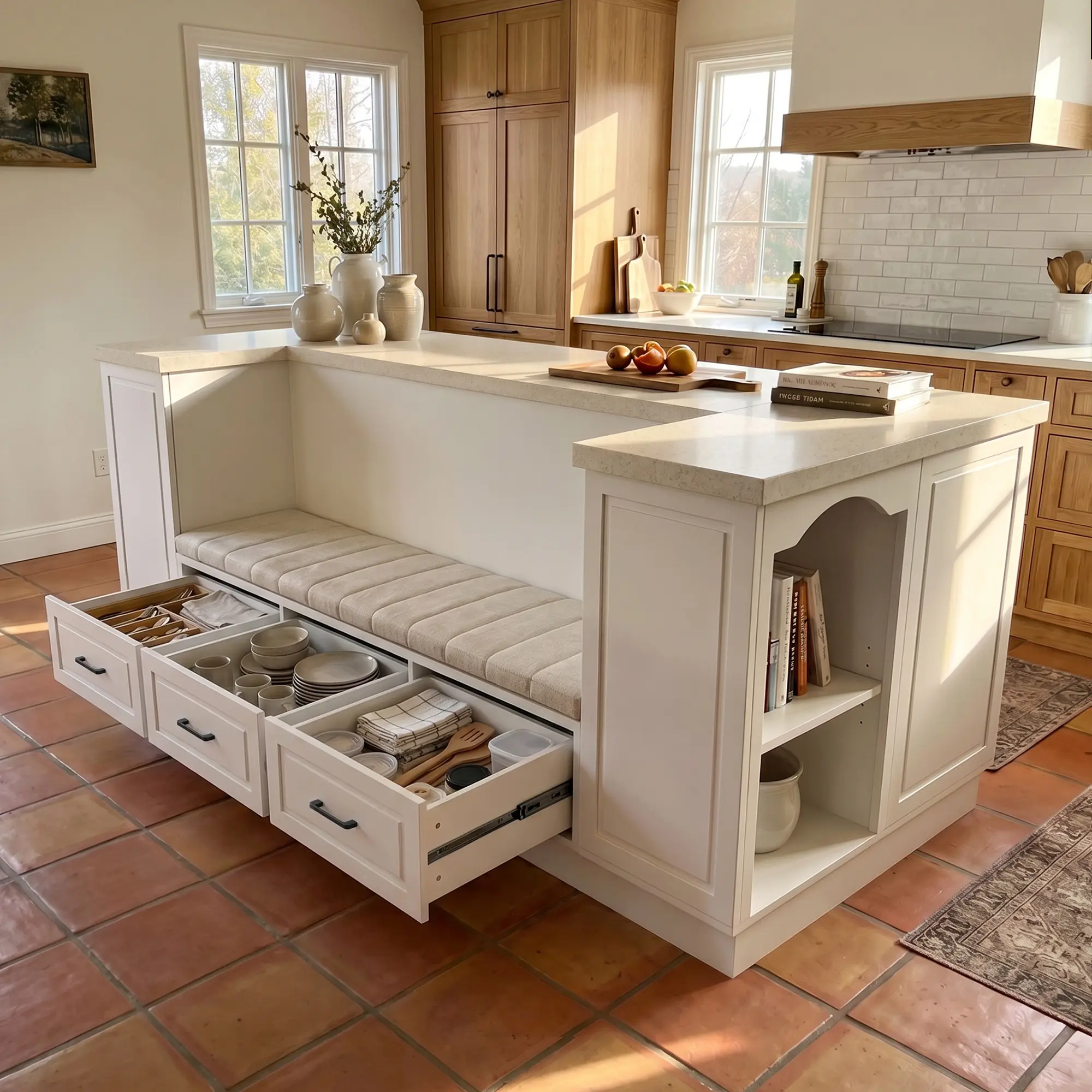 FUFU&GAGA 94.4'' Kitchen Island with Seating, U‑Shaped Kitchen Island Cabinet with Cushioned Bench, Drawers & Storage Cabinets, Faux Stone Countertop