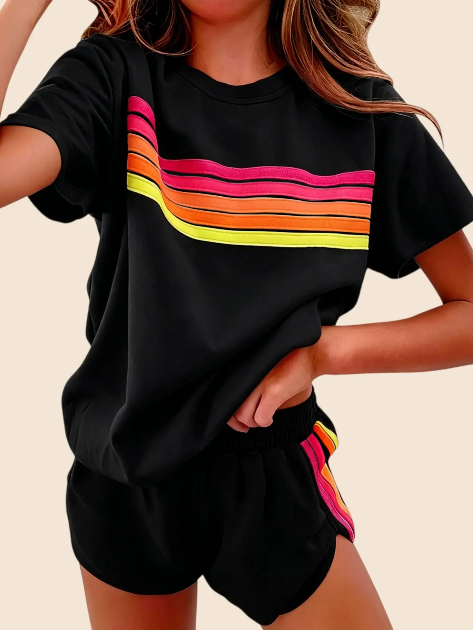 Tongudon Women's 2‑Piece Lounge Set, Dopamine Rainbow Striped Short‑Sleeve Tee & Above‑the‑Knee Shorts, Quick‑Dry for Summer, Crew Neck, Fitted, Machine‑Washable, Casual
