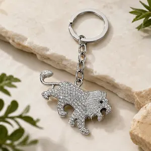 Lion Designer Charm Keychain Silver Tone