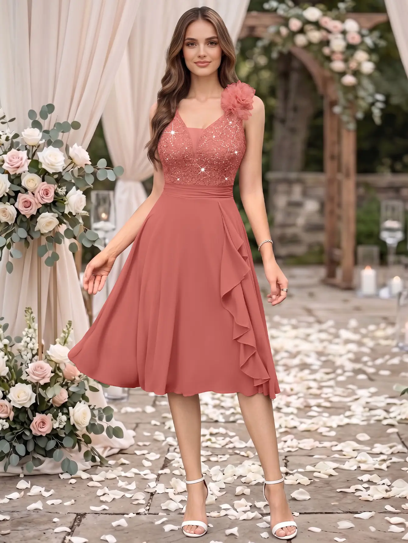 Miusol 25650A Women's Formal Lacy Flowing Party Dress - Sleeveless, Deep V-Neck, Ruffle Floral A-Line Bridesmaid Dress, Spring Style, Flowing Party Dresses