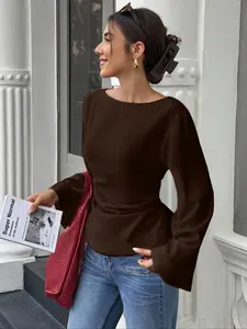 Women's solid-color tie-waist bell-sleeve versatile casual fashion fitted T-shirt top, suitable for spring and autumn, perfect for casual outings, gatherings, home wear, travel, work, and bar occasions.