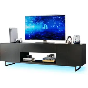TV Stand for 75 inch TV, Entertainment Center with LED Light, Modern Wood TV Console with Texture Entertainment Stand with Highlight Storage Cabinet for TVs Up to 70-80" Black