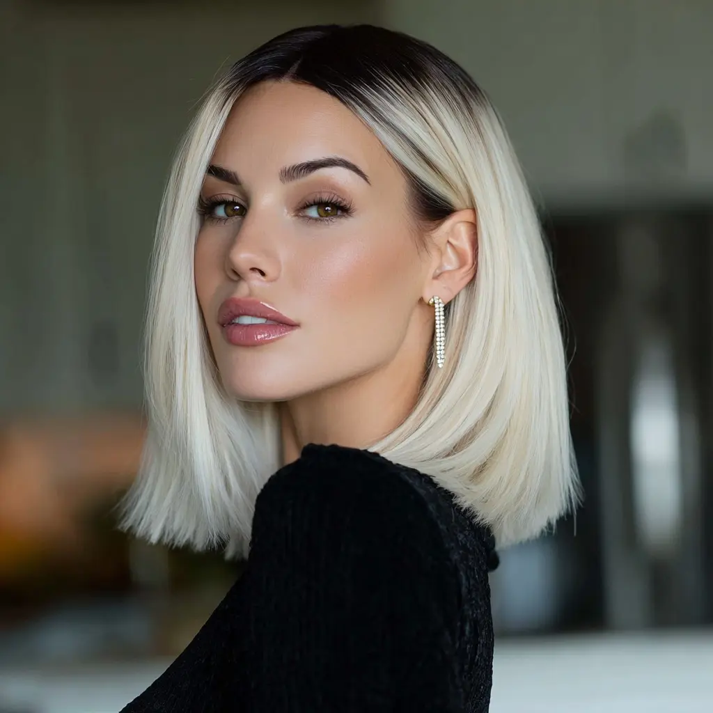 SMILCO Ash Blonde Synthetic Full Machine Wig SM394 - 12 in Brown Ash Platinum Ombre Straight Bob Wig with Bangs, Synthetic Hair, Straight Bob Wigs