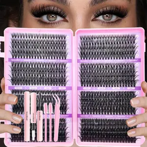 640-800pcs Lash Book Kit, Eyelash Set-8-16mm Premium Lash Extensions 10D-150D, Bold Wild Volume Falsies, DIY Lash Clusters, Individual Cluster Lashes with Glue Tweezers Brush, NYE Bash Daily Wear, Soft Lightweight Reusable for Beginners