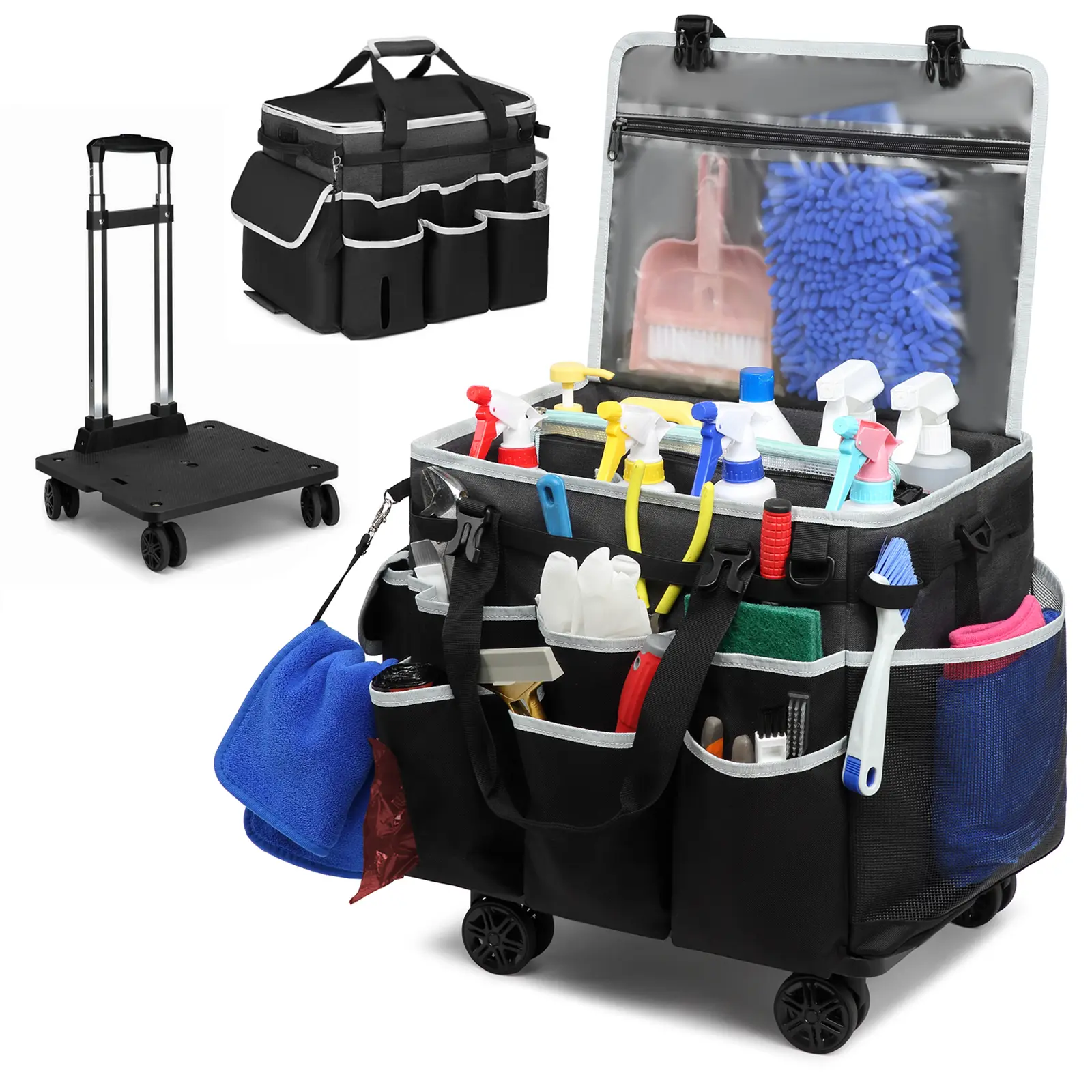 Multi-Functional Rolling Cleaning Caddy, Large Capacity Portable Multi Purpose Organizer Bag for Janitorial Tools