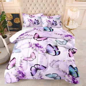 Lavender Butterfly Comforter for Adult Colorful Butterfly Pattern Aesthetics Butterflies Quilt Queen Size with 1 Comforter and 2 Pillowcases