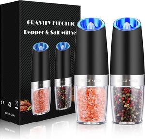 [New Deal] 2 Pack Gravity Electric Pepper and Salt Grinder Set, Adjustable Coarseness, Battery Powered with LED Light, One Hand Automatic Operation, Stainless Steel Black, Kitchen Seasoning