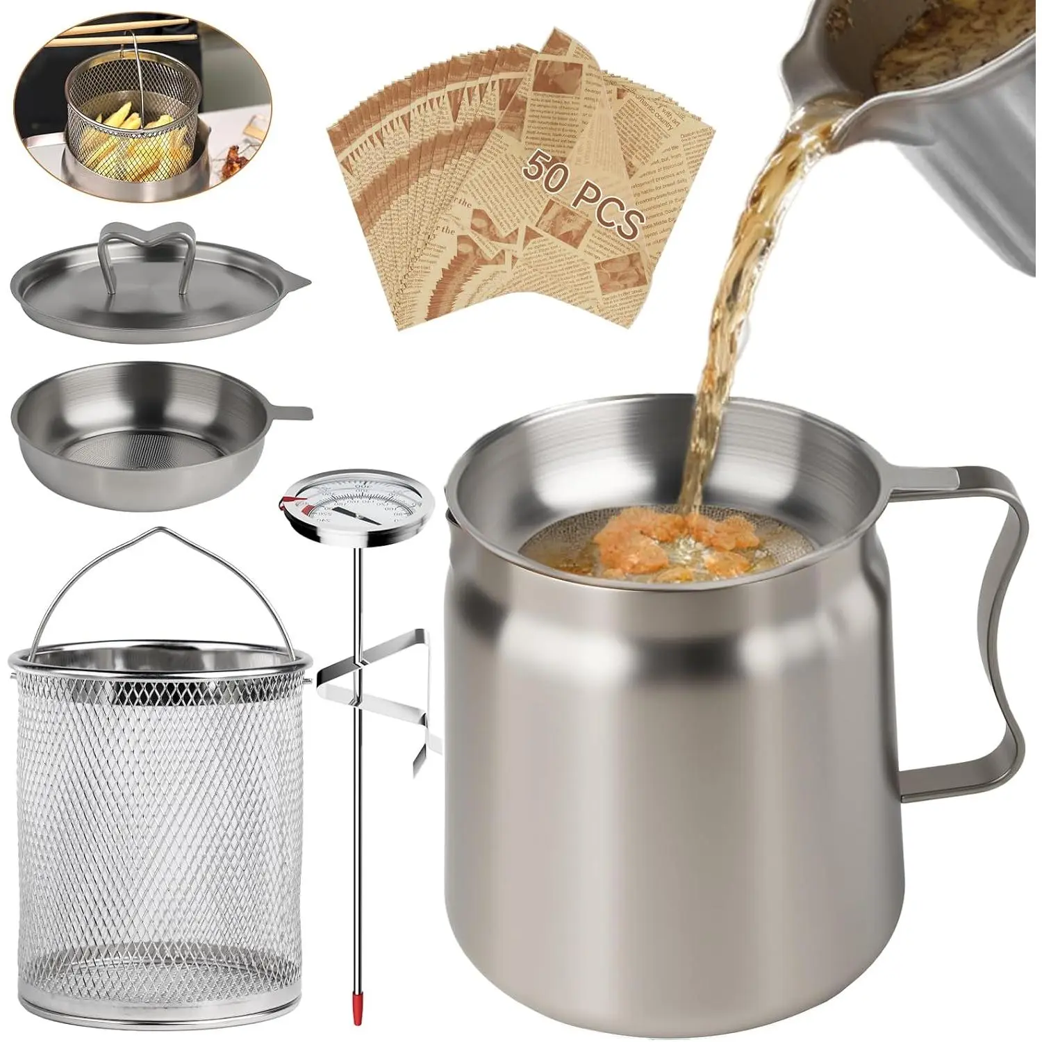 Stainless Steel 2L (68oz) Meat & Bacon Grease Saver Kit with Dual-Layer Sieve, Mesh Grid, Frying Basket, Thermometer, 50 Wax Papers, Lid, Utensils, Non-Slip Base, Dishwasher Safe for Home Kitchen Use