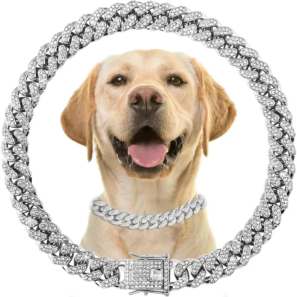 Bling Stones Cuban Link Dog Collar - 13mm Wide Durable Alloy Pet Necklace, 25cm Adjustable Fit Unisex Chain, Comfortable Design Choker for Daily Walks & Indoor-Outdoor Wear, Fashion Accessory