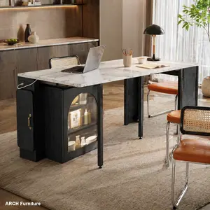 Modern Arched Extendable Dining Table - 4-5 Seat, MDF+PB+Steel Mobile Rolling Island, 3 Removable Middle Leaves, Power Outlet, LED Lights, Space-Saving Storage Cabinet, Double-Function All-In-One Assembled Indoor Apartment Furniture (Black & Marble White)