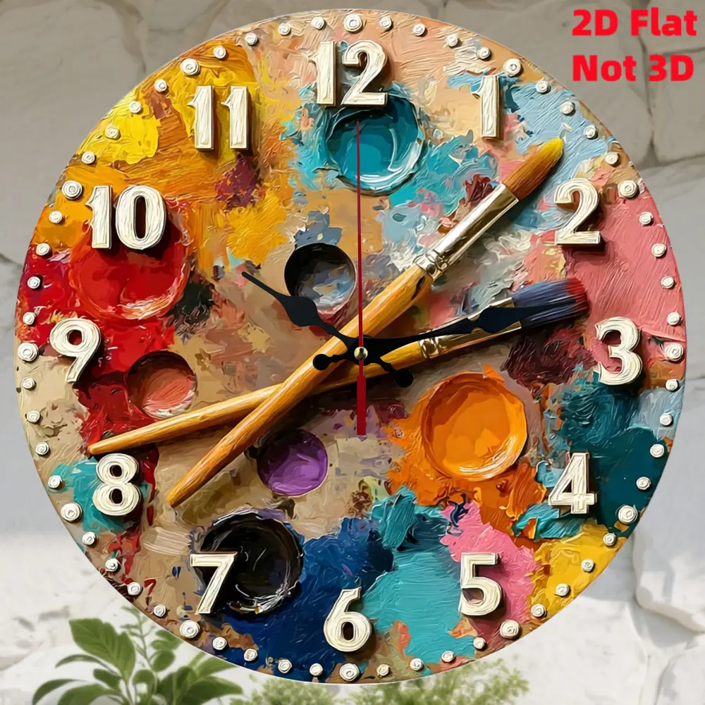 Large Round Wall Clock with Paint Palette & Brush - Wood/Plastic Silent Non-Ticking Quartz Movement, Modern Decor Suitable for Living Room, Bedroom, Kitchen - Unique Large Clock 1pc, 2D Flat