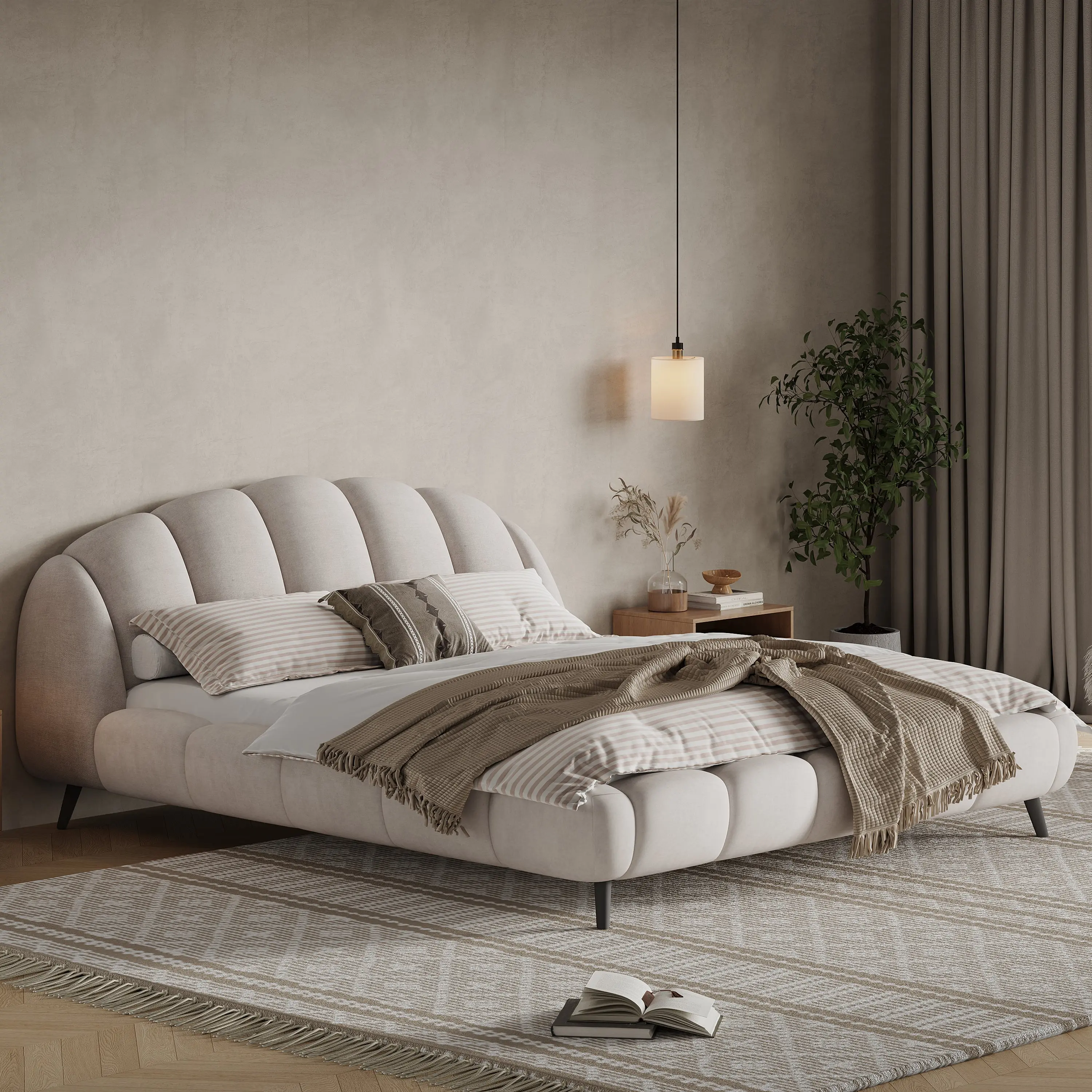 Plush King Size Chenille Upholstered Platform Bed Frame - Shell-Curve Thick Headboard & Footboard, Solid Wood & Steel Legs Support, Silent Squeak-Eliminating Sleep, Beige, Assembly Required