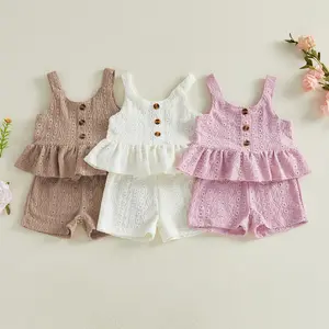 Toddler kids Baby Girl Summer ClothesButton Sleeveless Hollowed Tank Tops Vest Shorts Set 2 Piece Outfits