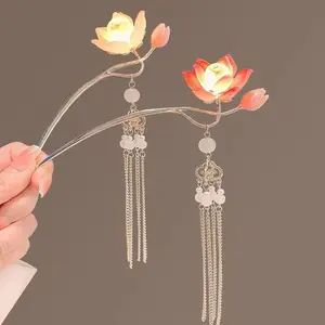 Lantern Light Tassel Hairpins Hair Stick Chinese Coiled Hair Antique Hair Pin Hair Accessories for Women Lotus hair braid Flower Hair Clip Hijab Hair Clip
