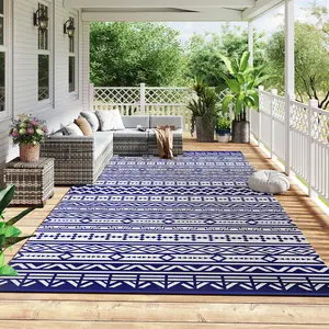 Reversible Outdoor Waterproof Plastic Straw Rug with Carry Bag, 9'x18' Blue & White Geometric Design for Camping, Hiking, Picnics