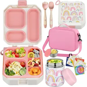 [Summervibes] Bento Lunch Box for Kids with 12oz Soup Thermo Leak-Proof Lunch Food  with 5 Compartment Thermo Hot Food Jar and Insulated Lunch Bag for Kid Toddler Girls Boys to School microwavable portable dinner preschool