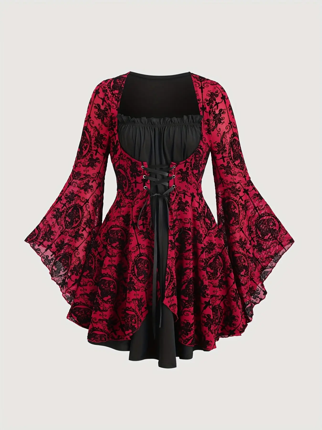 Women's Plus Size Slim Fit Elegant Gothic Floral Lace Print Long Sleeve Dress with Bell Sleeves and Ruffled Hem, Stylish Aesthetic and Comfortable Fashion, Casual Wear