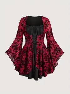 Women's Plus Size Elegant Gothic Floral Lace Dress with Bell Sleeves and Ruffled Hem, Stylish and Comfortable Fashion