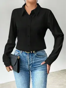 New Long-Sleeve Collared Shirt, Smooth Drape Office OL Style, Fitted Top for Daily Streetwear & Work, Versatile Elegant Minimalist Blouse, Casual Womenswear, Casual Fashion Shirt