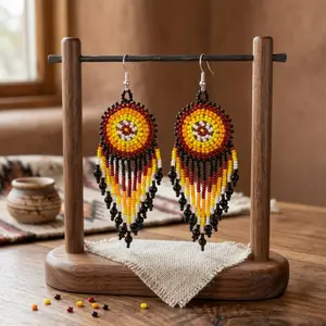 Handmade Seed Bead Round Earrings - Geometric Southwestern Fringe Dangle Earrings - Indigenous Style Tribal Jewelry