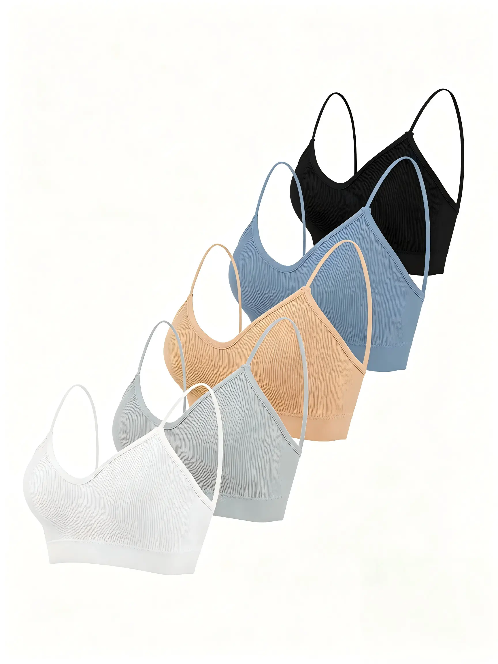 Women's Wireless 5-Pack Polyester Cami Bralettes - V-Neck, Built-in Padded, Seamless Straps, Breathable, Lightweight, Soft, Elastane, Solid Colors, Girls, Suitable Size, Hand Wash Only, S for Yoga, Everyday Basic Underwear, Sleeping