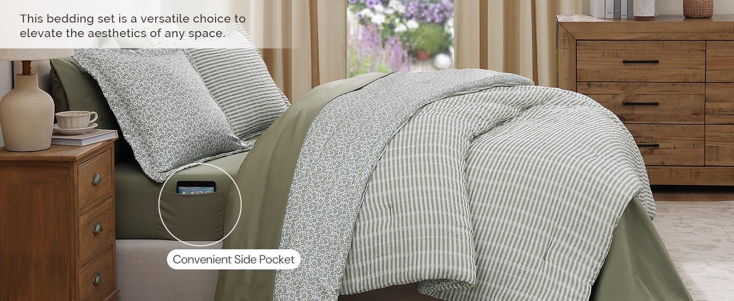 Full Comforter Set - 7 Pieces Green Gauze Muslin Bedding Sets for All Seasons, Lightweight Breathable Bed in a Bag Full with Revesible Farmhouse Comforter, Sheets, Pillowcases & Shams