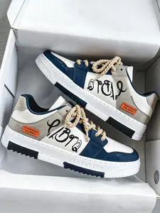 2026 Dark Blue, Red, Brown, White and Gray Patchwork Thick-soled Elevator American Retro Hemp Rope Lace-up Shoes Hand-painted Graffiti Design Sneakers - Four-season Skate Shoes and Casual Shoes