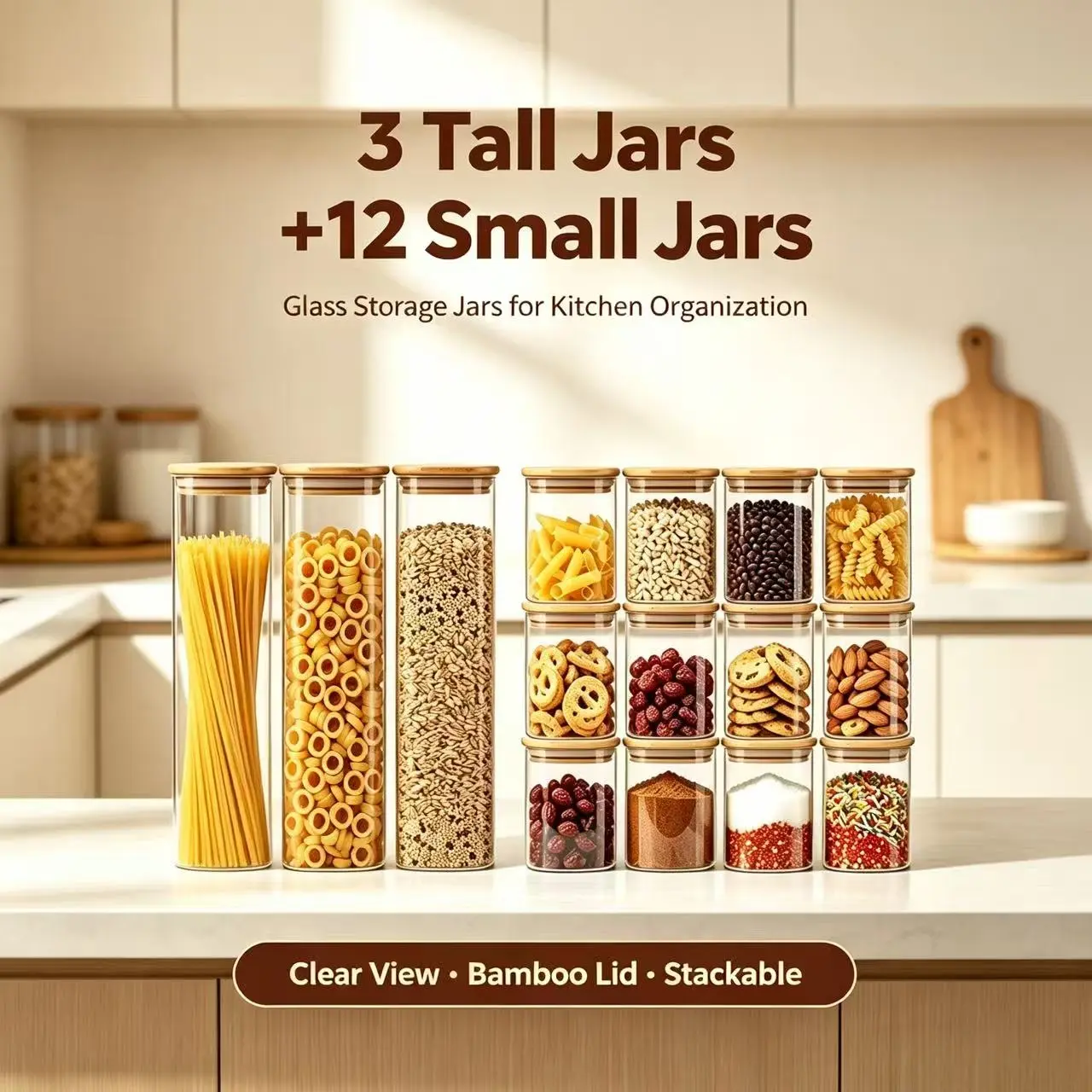15 Pack Square Glass Storage Jars with Bamboo Lids, 3 Tall +12 Small Stackable Airtight Canisters for Pantry Spaghetti Spice Dry Food Kitchen Organizer
