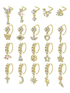20pcs 20g Stainless Steel L-Shaped Nose Rings Set, Cute Heart Moon Star Design, Copper Chain Material, All Seasons Nose Piercing Jewelry, Body Piercing Jewelry