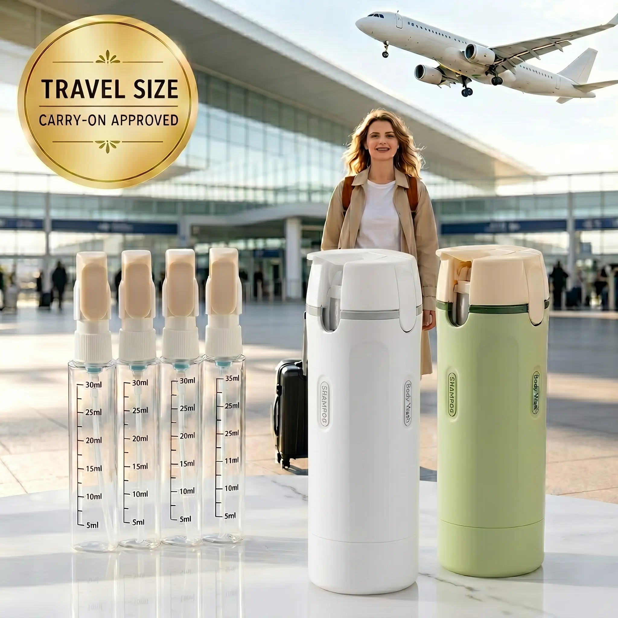 4-in-1 Travel Dispenser with Sticker Labels – TSA Approved Leakproof Refillable (4x1oz) – Individual Pumps for Shampoo, Lotion, Conditioner, Toner – Ideal for Carry-On, Trips & Vacations
