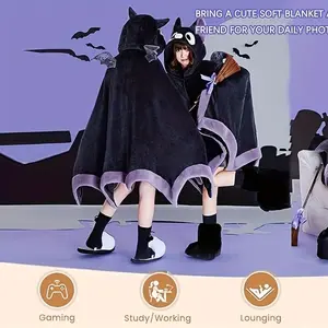 Halloween Wearable Blanket Hoodie Velvet Oversized Soft Sherpa Demon Wings Free Size For Adults Women Men Children Cozy Throw Cloak Wrap Bat Cape