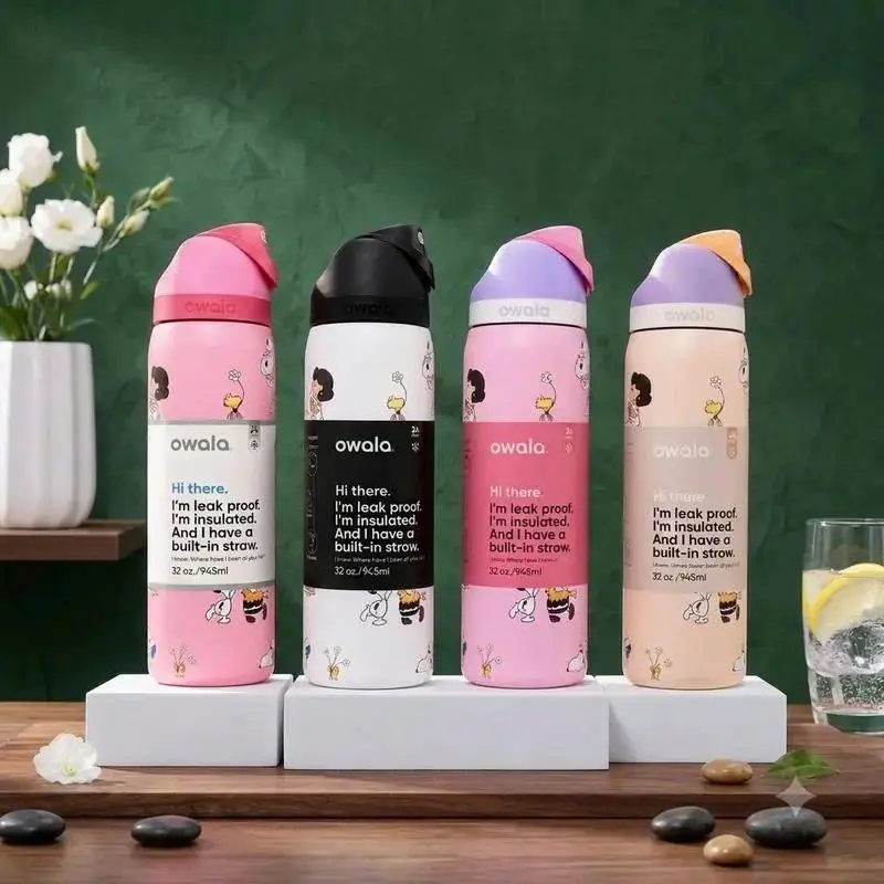 Owala Cute Character Insulated Water Bottle, 32oz Stainless Steel Travel Bottle with Leakproof Lid, Double Wall Vacuum Insulated Reusable Water Bottle, Cute Cartoon Print, Available in Pink, White, Lavender & Cream Beige