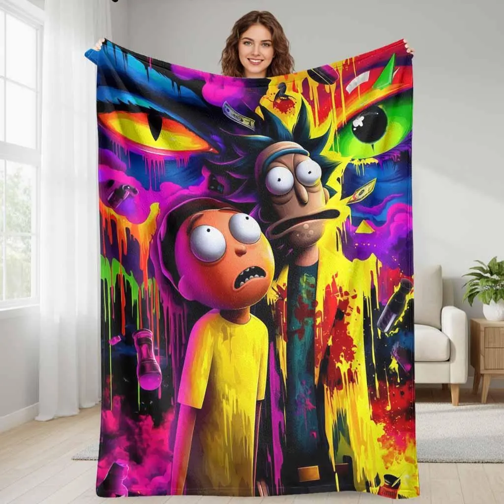 Rick and Morty Cartoon Flannel Blanket Psychedelic Print Lightweight Super Soft Cozy Warm Breathable Wrinkle Resistant Durable Foldable Bedding Ideal for Sofa Business Trips Great Gift for Friends