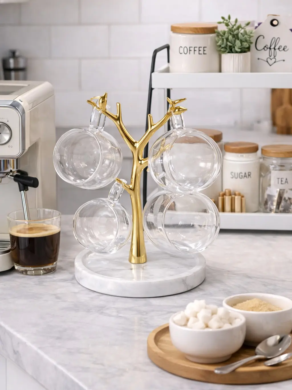 Coffee Mug Holder – 4 Cup Mug Tree Stand with Marble Base for Coffee Station
