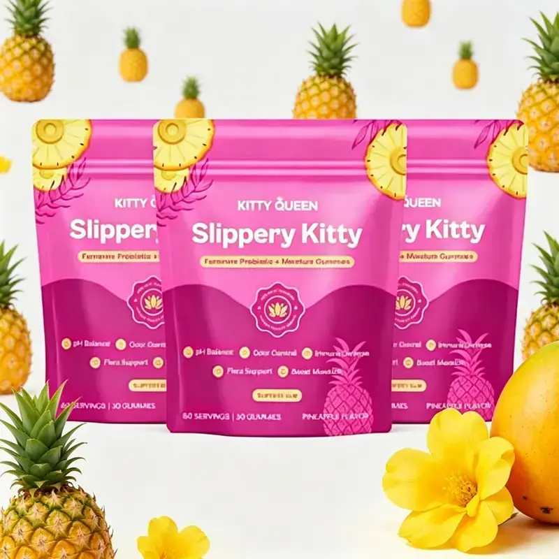 Slippery Kitty Feminine Probiotic + Moisture Gummies with Slippery Elm 60 Count Pineapple Flavor All in One Solution