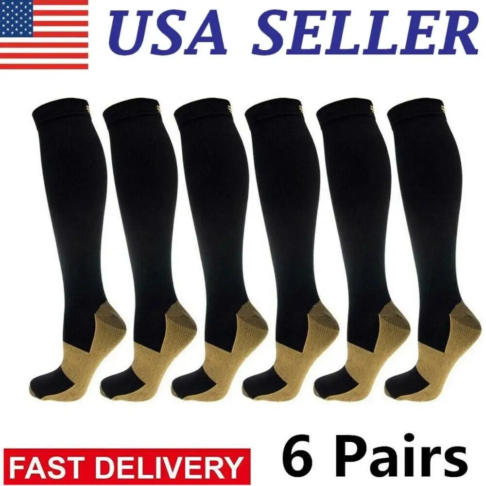 Men's/Women's Long Copper Compression Knee-High Socks (6 Pairs) - Nylon-Cotton Blend, Gentle Pressure, Hg Grade, Multi-Size (S-XXL), USA-Sourced, Pain-Relieving Activewear Sports Socks
