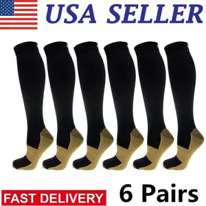 Men/Women's Knee-High Copper Compression Socks (6 Pairs) - Nylon Blend, Gentle Pressure, Hg Grade, Multi-Size (S-XXL), USA-Sourced, Pain-Relieving Sports Socks