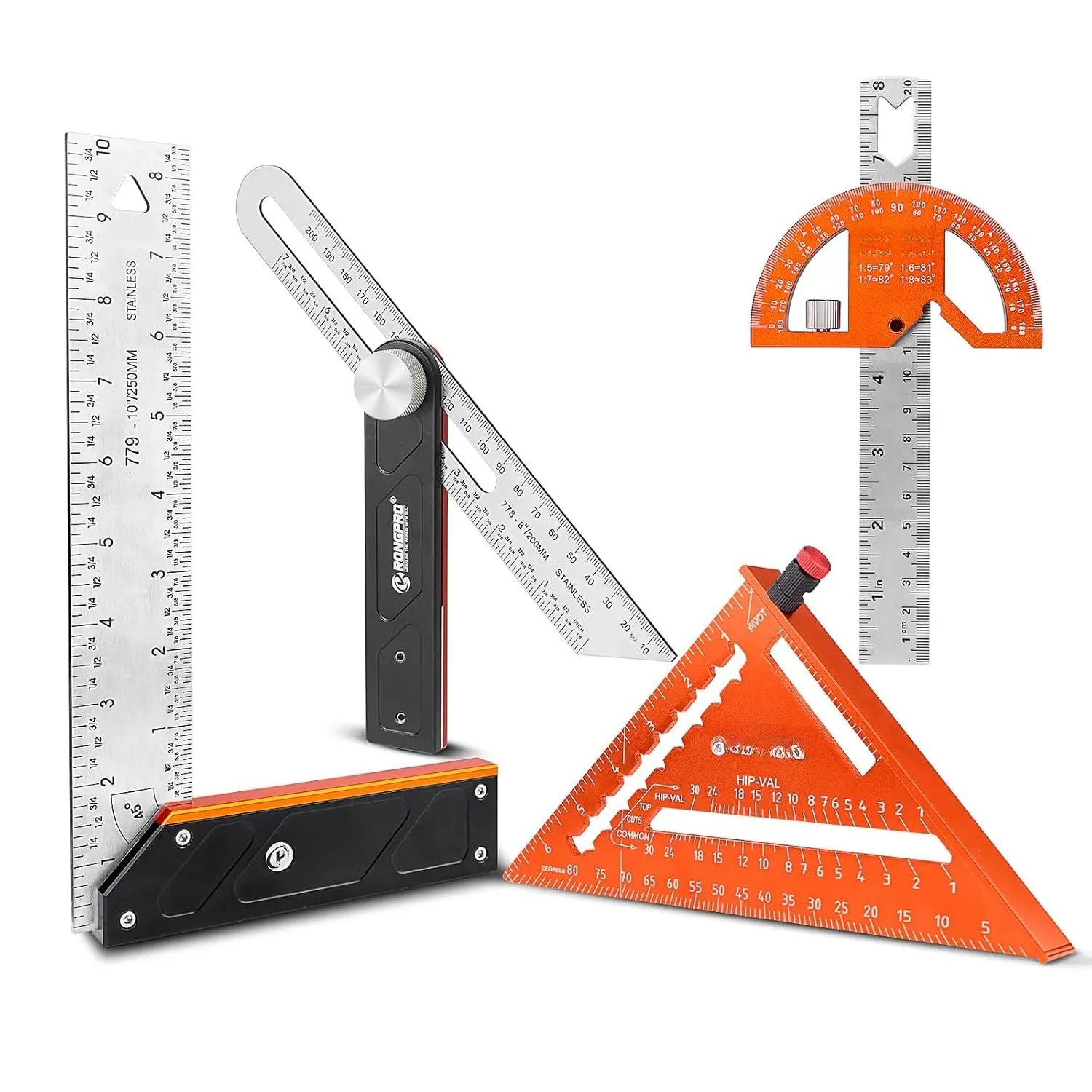 4 count Woodworking Tools -7'' Rafter Square,12''Adjustable Protractor Angle Finder,10'Woodworking Square Ruler and T-Bevel Gauge-1/16 Precision...