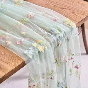 Vintage Embroidered Floral Table Runner, 70x180cm Sheer Mesh Tablecloth, Home Decor, Wedding, Party, Holiday DIY, Kitchen Decoration